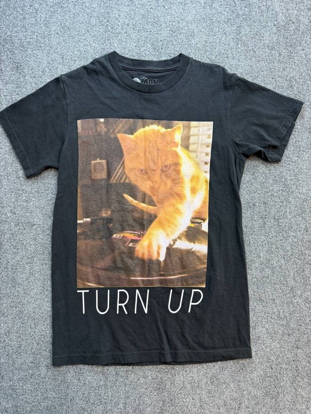 2 Monkeys Women’s S Black Turn Up DJ Cat Graphic Short Sleeve T-Shirt